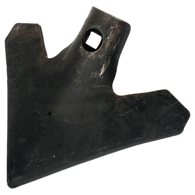 A black, metallic, irregularly shaped piece with one square hole and a few scratches and marks on its surface—ideal for use with Sparex fasteners, the Sweep 175x4mm (Sparex Part No. S.79377).