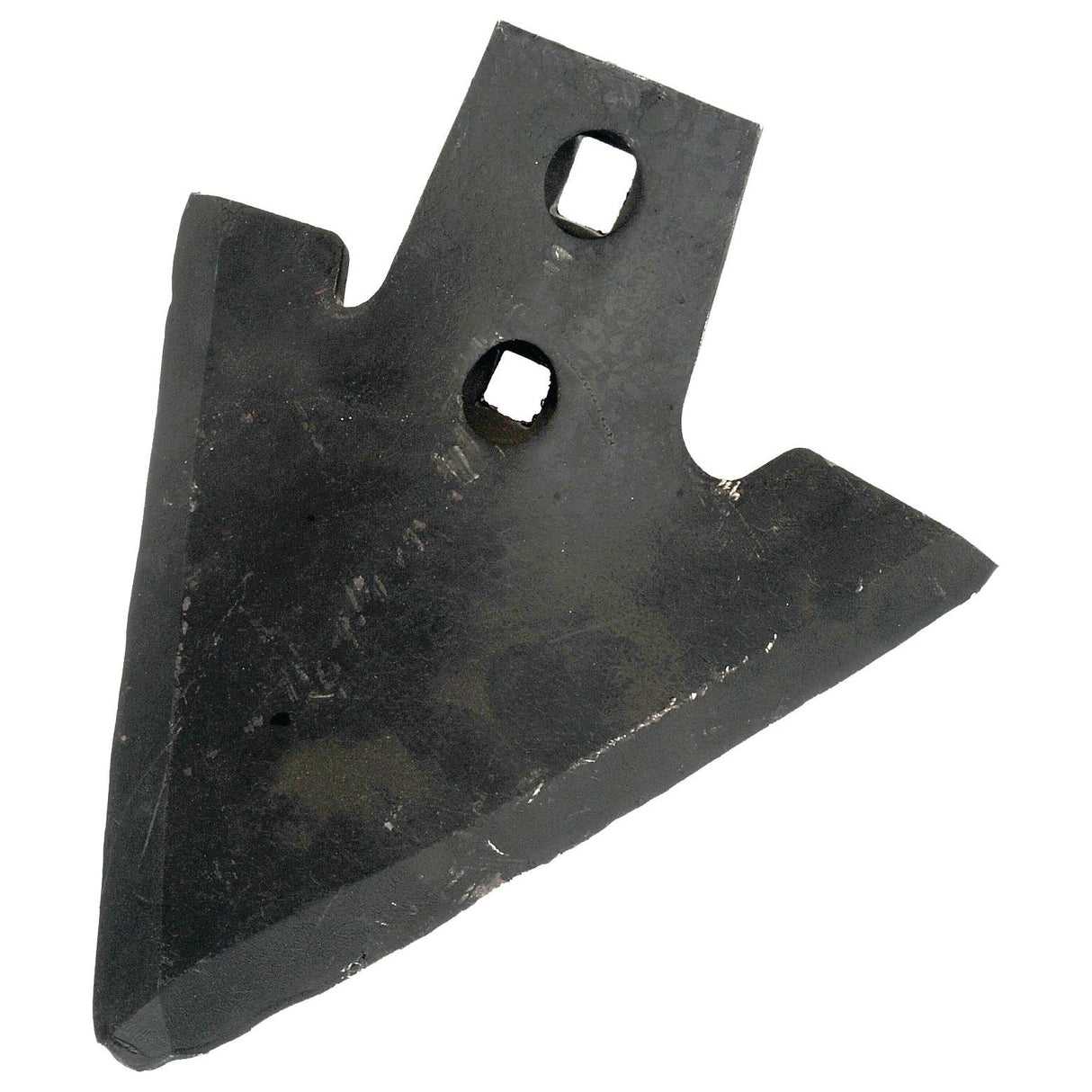 The Sweep 200x6mm with a Hole Ø of 12mm and measuring between holes centers at 45mm, produced by Sparex, and listed as Sparex Part No. S.77214, is a black arrowhead-shaped metal plowshare used in agricultural machinery.