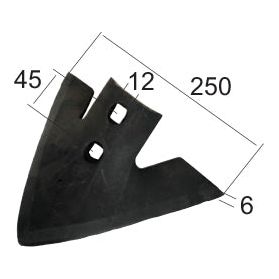 The Sweep 250x6mm from Sparex, Part No. S.77217, is a black metal object with three holes, including one with a Ø 12mm. It measures 250 mm in length and has a height of 45 mm on the left side, with a 12 mm gap and a thickness of 6 mm at the right edge. This product is ideal for use with Universal Tractors and is available from Sparex.