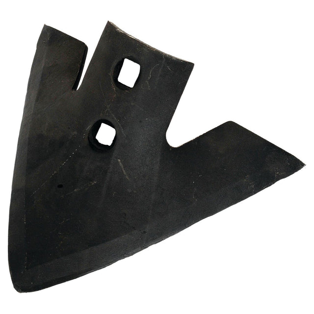 The Sparex Sweep 250x6mm (Sparex Part No. S.77217) is a black, metal agricultural implement blade with two Ø 12mm square holes spaced 45mm apart. Featuring a pointed, wing-like shape, it is ideally suited for Universal Tractors and stands out for its durability within the renowned Sparex range.