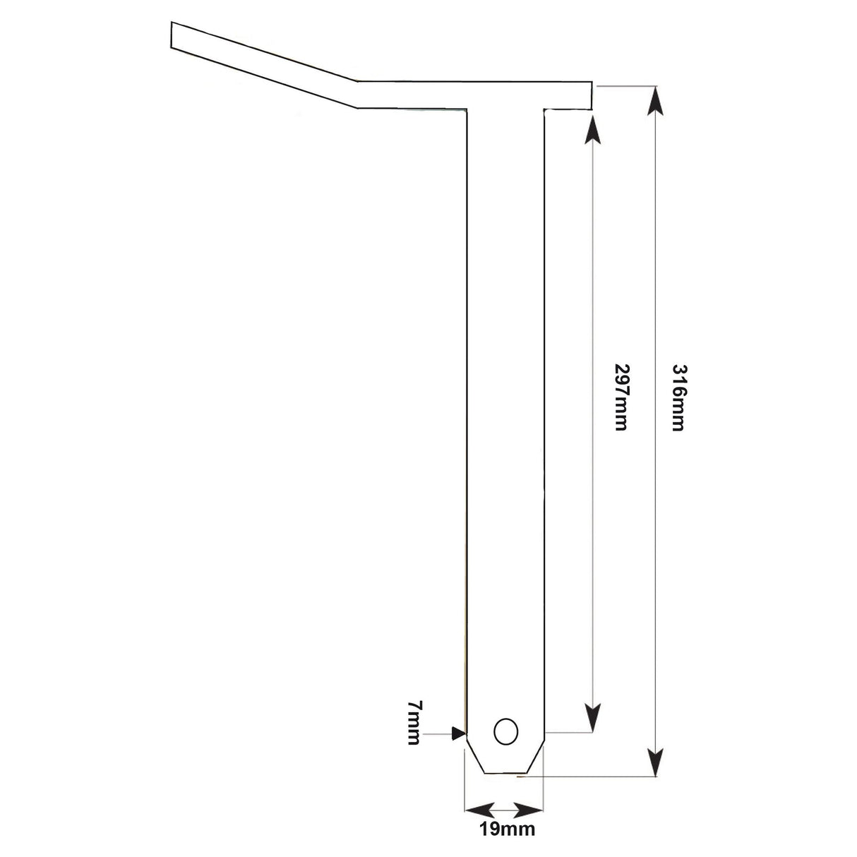 Diagram of a Sparex Brand Swinging Drawbar Hinge Pin with measurements: 316mm total height, 297mm vertical section, 7mm thickness, and 19mm width. A horizontal section extends from the top of the vertical part. Product: Swinging Drawbar Hinge Pin 19x297mm | Sparex Part No.S.2731.