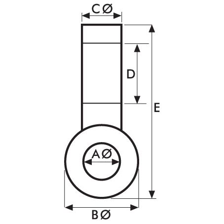 Technical drawing of the Sparex Swivel Hitch 25 Tonnes bolt (Sparex Part No. S.13247), featuring top and side views with labeled dimensions: A, B, C, D, and E, indicating various measurements. This bolt is specifically designed to be used with a swivel hitch and can handle a maximum towing load of 25 tonnes.