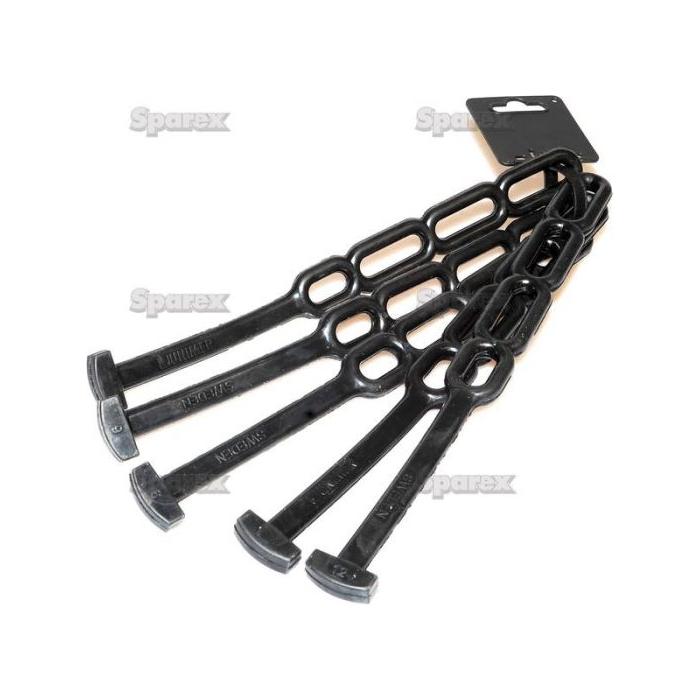 The Sparex TAG Strap Rubber Tensioner 280mm, featuring five black straps each with four loops securely attached to a black holder, meets a wide range of farming requirements.
