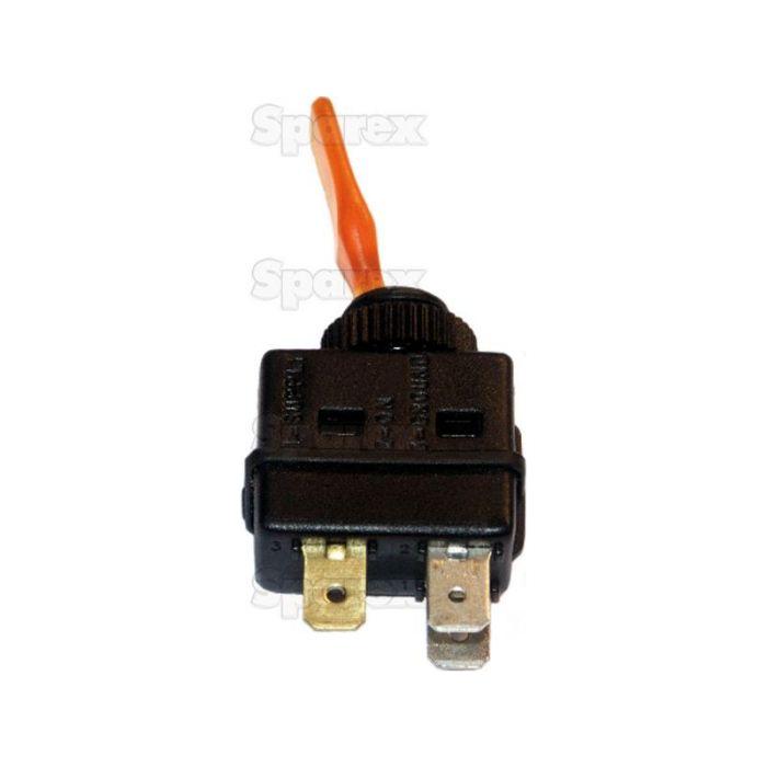 A TOGGLE SWITCH (Sparex Part No.S.26013) from Sparex, featuring a black body with an orange lever and three metal prongs at the bottom, set against a white background.