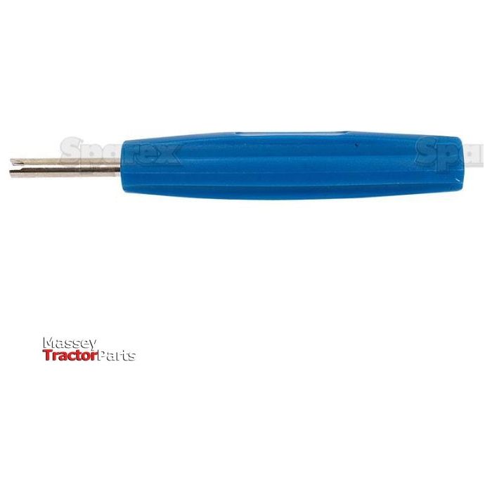 A blue plastic tool with a metal end, typically used for repairing or assembling small parts, is shown on a white background with the logos "Massey Tractor Parts" and "Sparex" partially visible. This versatile tool, officially named the Tyre Valve Removal Tool (Sparex Part No.S.19824) from Sparex, carries the tariff code 8481900090.