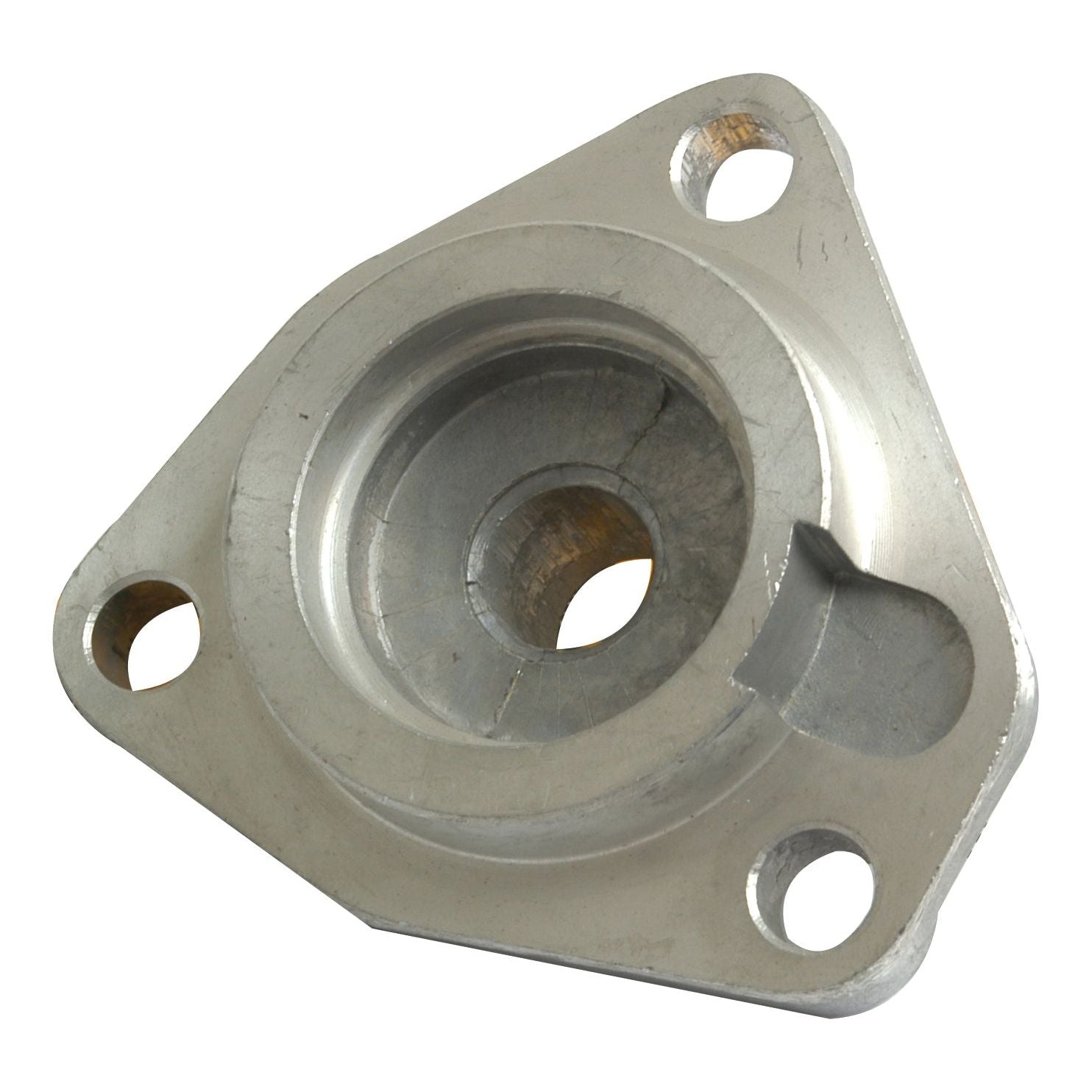 The Tacho Drive Housing, known as Sparex Part No. S.41568, features a metal component with a central hole and three adjacent smaller holes arranged in a triangular pattern, commonly used in Massey Ferguson machinery.