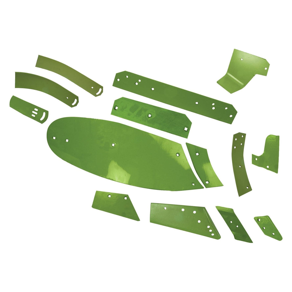 Various green metal parts of different shapes are arranged on a white background, likely components for assembly or machinery. Among them is the Tail Press - RH (Dowdeswell), which fits as 900641 and can be identified by Sparex Part No. S.127521 from the brand Sparex, potentially compatible with machines like the Ransome 300 SERIES.