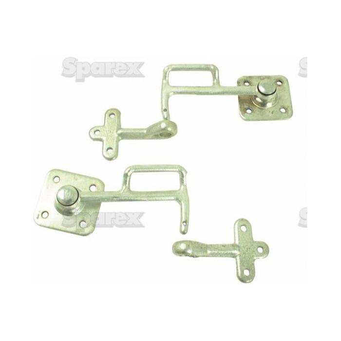 Two metallic latches with mounting plates (Plate Size 60 x 60mm) and screws, positioned on a white background with the "Sparex" watermark. The product is identified as the Tailgate Lock Set (Pair) - S.55909 by Sparex.