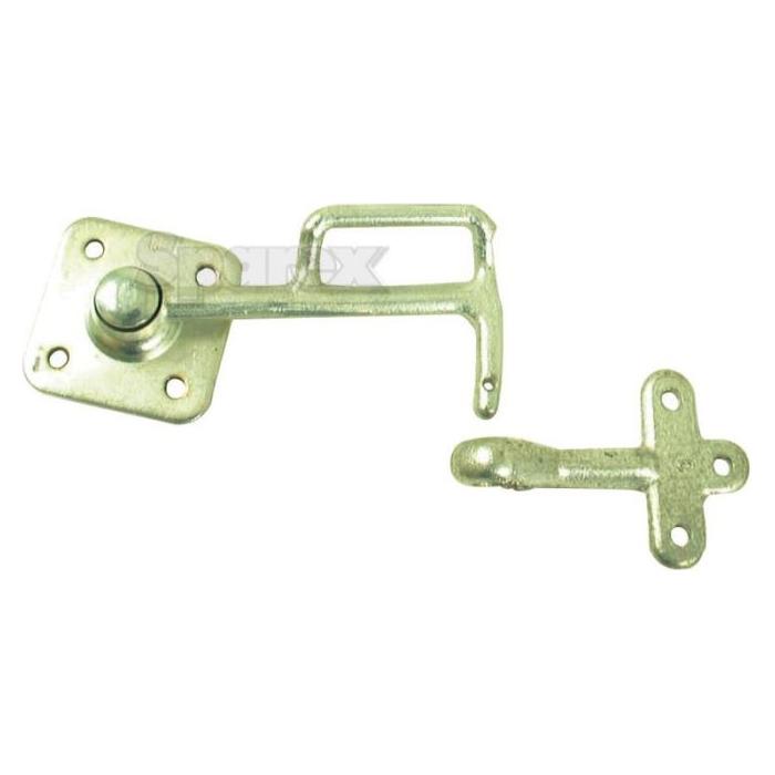 Tailgate Lock Set (Pair) - S.55910 by Sparex, featuring a metal latch and catch mechanism with mounting brackets, screw holes, and a plate size of 70 x 70mm on a white background.