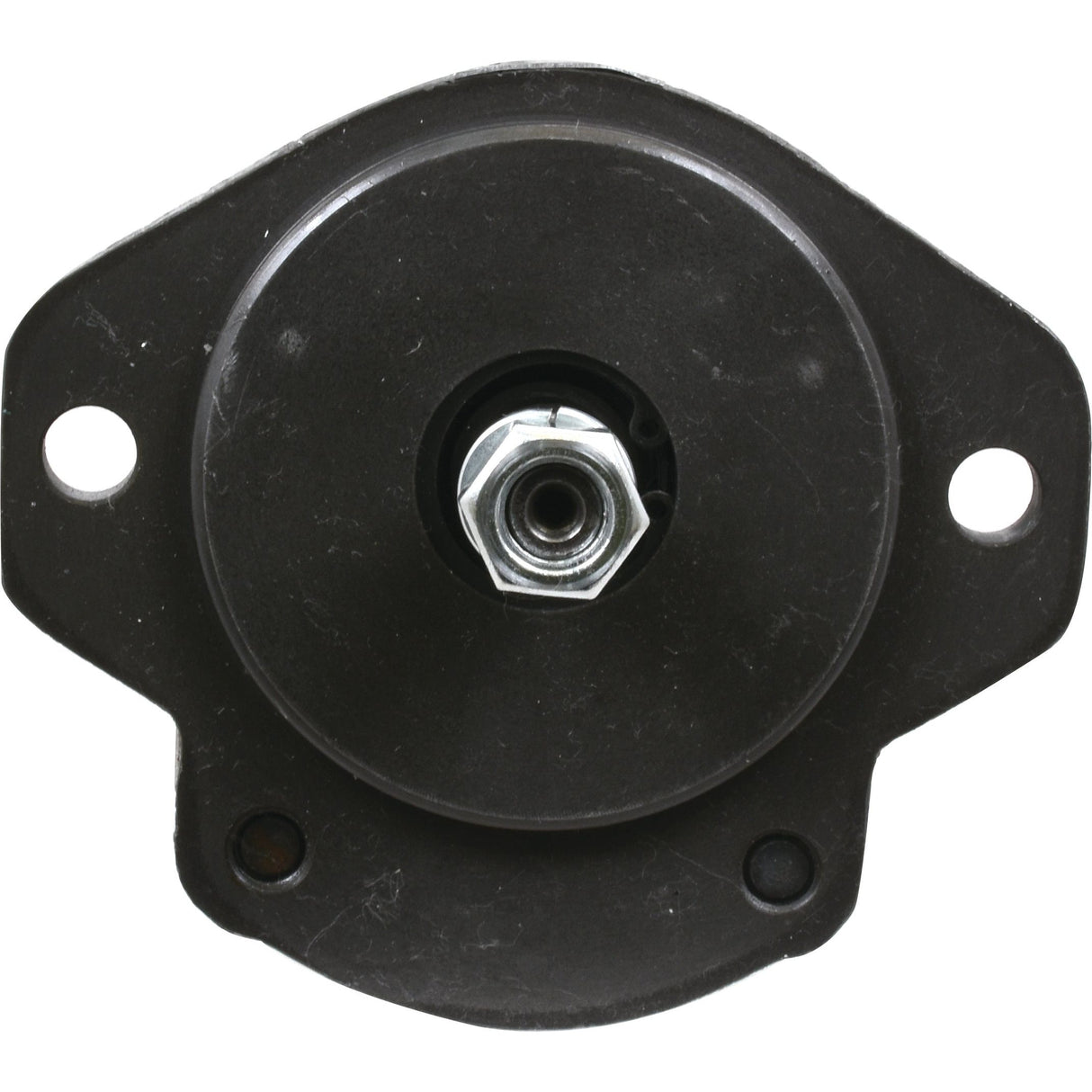 A front-facing view of the black Tandem Hydraulic Pump - S.43958 by Sparex, featuring a robust automotive engine mount designed to support a central bolt and two side mounting holes, compatible with Tandem Pump systems.