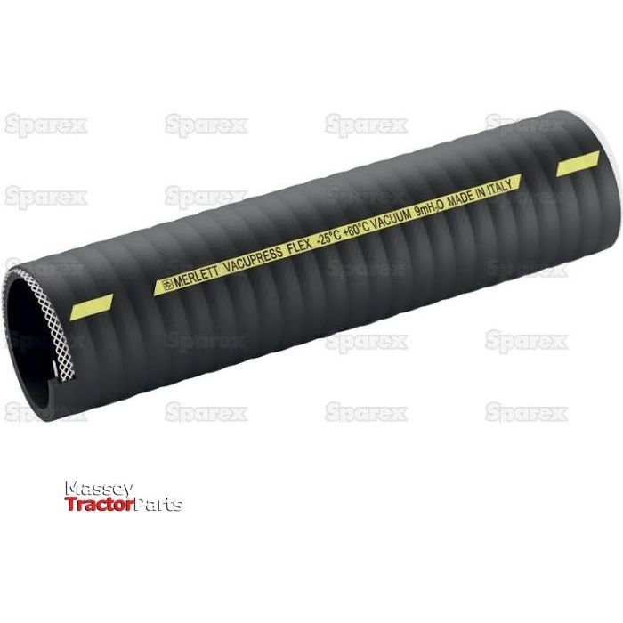 A black, flexible, ribbed hose labeled "MERLETT VACUPRESS FLEX -25°C +60°C VACUUM 9mH²O MADE IN ITALY," identified as the Tanker Hose (Merlett Vacupress Flex) with a 50mm (2") Hose ID (S.135719). The background shows faint "Sparex" logos and the Massey Tractor Parts logo in the bottom left corner. Suitable for various applications; manufacture information available upon request.