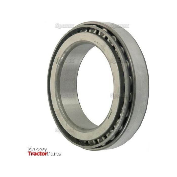 A high-quality Sparex Taper Roller Bearing (JLM714149/JLM714110) - S.43417, featuring metal cylindrical bearings with widely spaced inner and outer rings separated by metal rollers, is typically used in machinery such as tractors. The image includes Massey Tractor Parts branding.