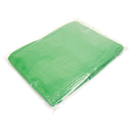 The Sparex Tarpaulin - 2.7 x 3.5M (S.13949), a green sheet designed for diverse outdoor applications, is neatly folded and packaged in a transparent plastic cover with comprehensive manufacturing details.