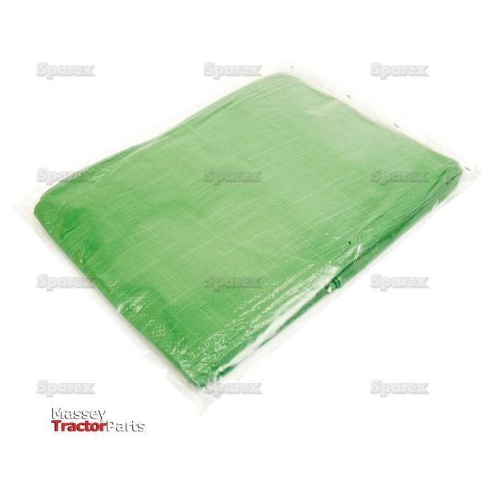 A folded green tarpaulin measuring 3.5 x 5.4 meters, packaged in plastic and labeled with "Sparex" and branded "Massey Tractor Parts" at the bottom left, includes manufacture information for easy reference.