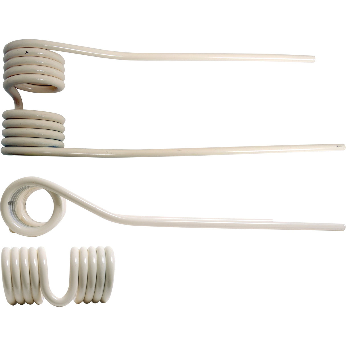 Three white plastic spiral rods of varying shapes are laid out on a white background. Suitable for informational use, these Tedder haytines - LH by Sparex have different orientations and numbers of coils, reflecting the design precision associated with Grange & Walter.