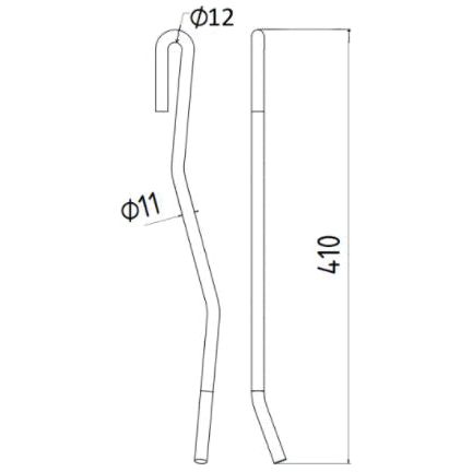 A technical drawing of a left-hand Tedder haytine with two bends and a hook at one end. Measurements indicate a diameter of 11mm, and a total length of 420mm, specific to the Vicon replacement model number 90036190 from Sparex.