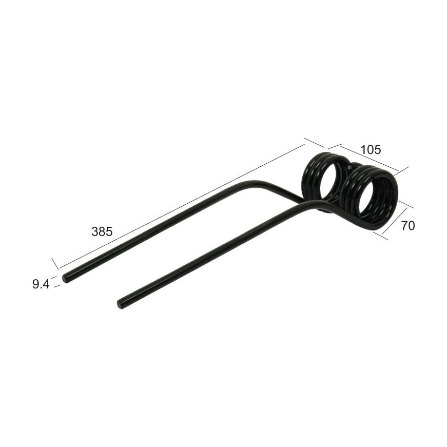 A black metal double torsion spring, measuring 385 mm in length, 105 mm in width, and 9.4 mm in diameter with two coils on each end and two straight arms. This Tedder haytine is compatible with Stoll 450 models and serves as a Primary OE Reference under Sparex Part No. S.21311 (0673740).