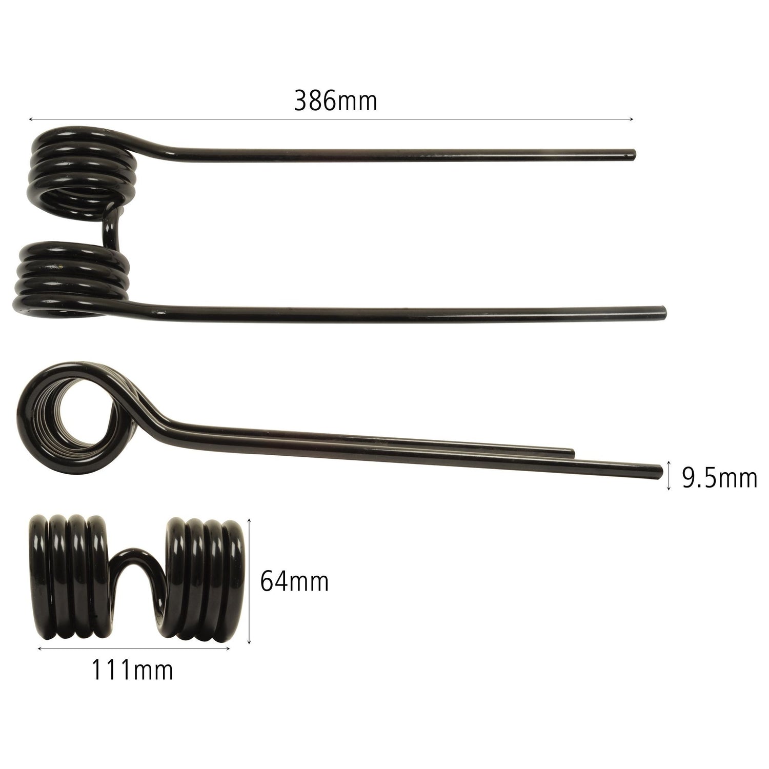 The Tedder haytine, branded by Sparex and serving as a replacement for Kuhn part number 57601100 (Sparex Part No. S.78110), consists of three metal torsion springs. Each spring has the following dimensions: 386mm in length, with the middle spring measuring Ø9.5mm thick, and the bottom spring being 111mm wide and 64mm high. These springs adhere to Primary OE Reference specifications and are suitable for use with Kuhn machinery.