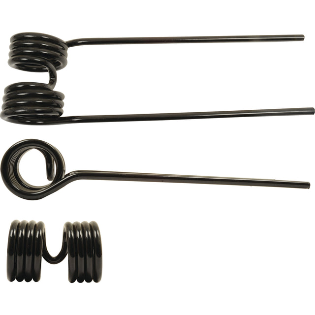 Displayed against a white background are three black metal torsion springs of varying sizes and coil configurations, closely resembling the Tedder haytine components detailed in the Primary OE Reference catalogs by Sparex—Brand Name: Sparex, Product: Tedder haytine (RH & LH), Dimensions: 394mm length, 110mm width, Ø9.5mm; Replacement for Kuhn To fit as 57609000 | Sparex Part No. S.78111.