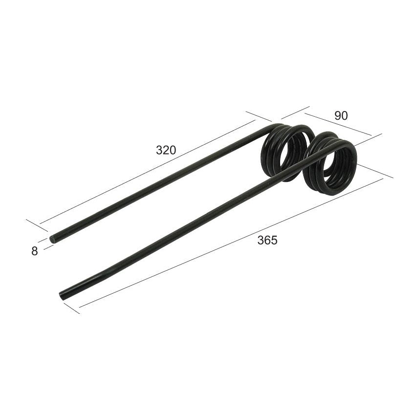 Introducing the Sparex Tedder Haytine - RH, a pair of black metal torsion springs designed as a replacement for Lely. This product features dimensions of 365 mm in length, a coil length of 90 mm, and leg lengths of 320 mm and Ø8 mm. Ideal for use with your Grange & Walter equipment. It fits the part number 4.1023.0437.0 and is available under Sparex Part No.S.22835.