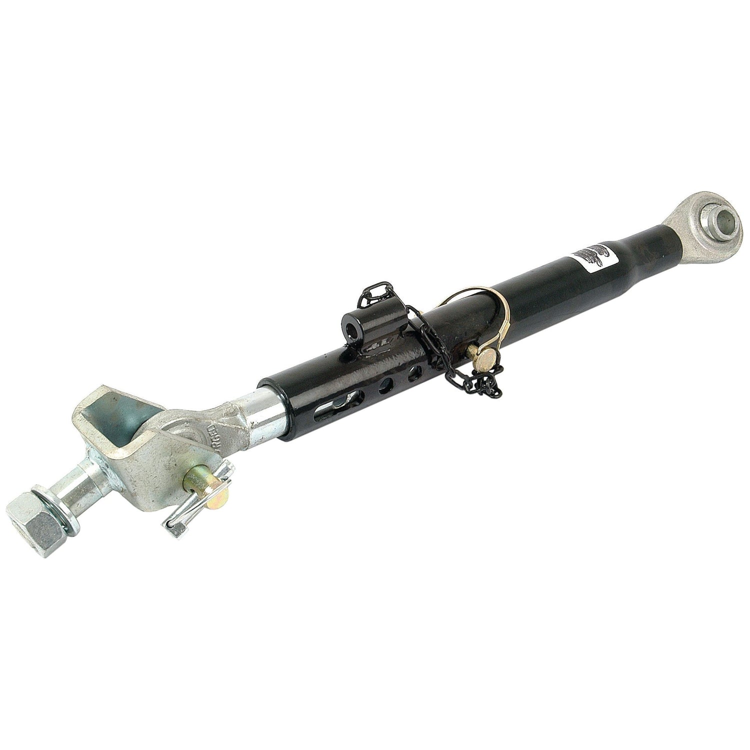 The Telescopic Bar Hole Stabiliser - S.15612 from Sparex features a black central shaft, metallic ends, and multiple mounting holes for vehicle suspension systems. It includes a ball size of 19mm and a thread size UNC for precise adjustments.