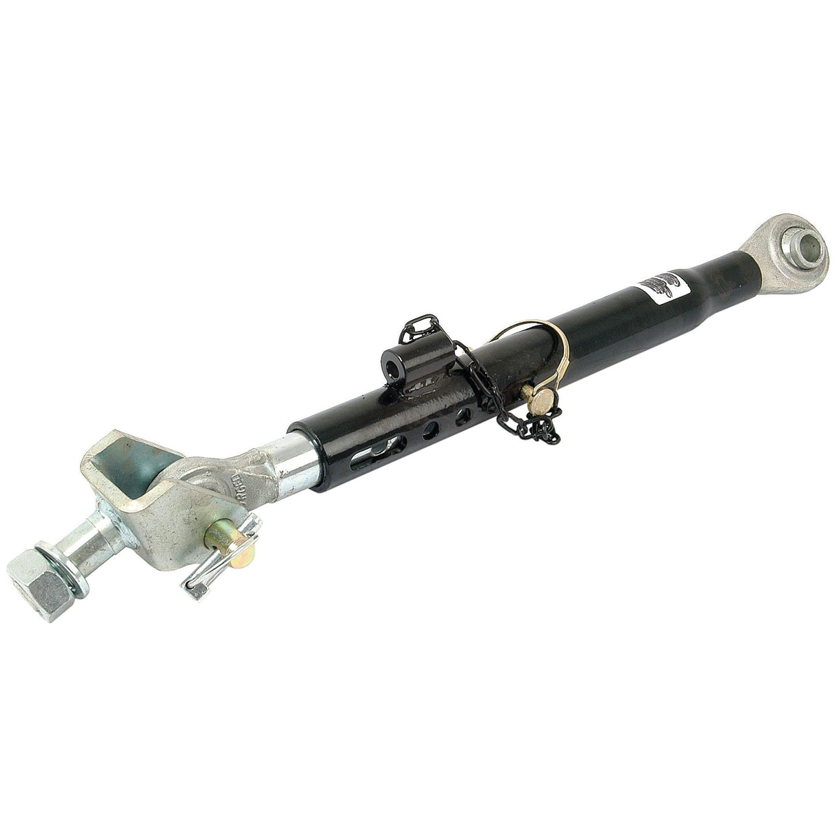 The Telescopic Bar Hole Stabiliser - S.15612 from Sparex features a black central shaft, metallic ends, and multiple mounting holes for vehicle suspension systems. It includes a ball size of 19mm and a thread size UNC for precise adjustments.