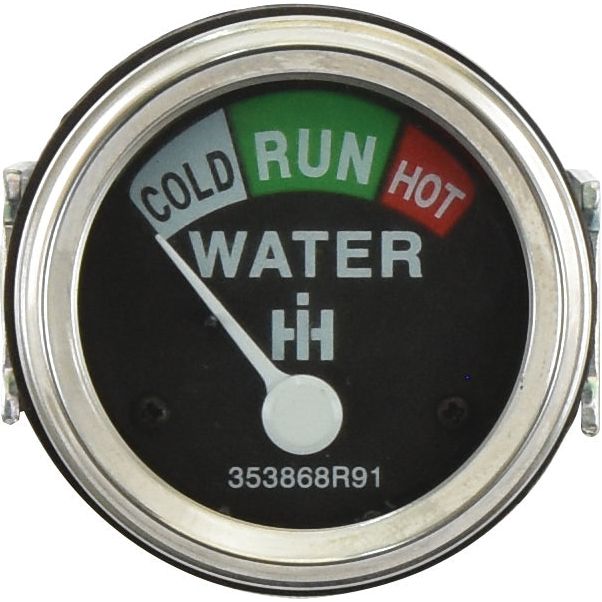 A circular Sparex temperature gauge (Part No. S.69104) for Case IH tractors, featuring a needle pointing towards "RUN" and sections labeled "COLD," "RUN," and "HOT.