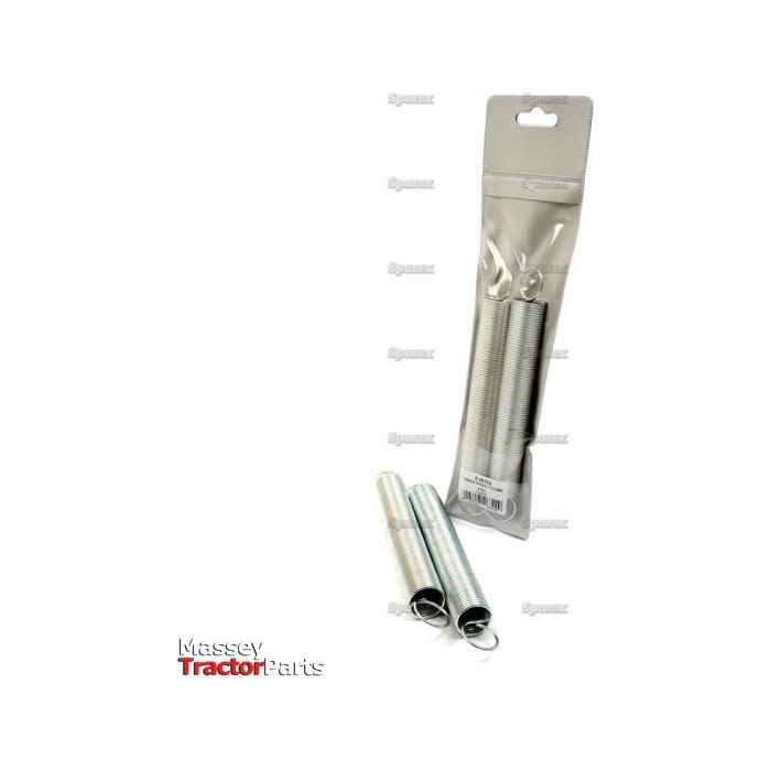 A package of Sparex Tension Springs (2 pcs. Agripak | Sparex Part No. S.26322), featuring specifications such as Length 215mm and Wire Ø2mm, is displayed next to a few loose springs on a white background.