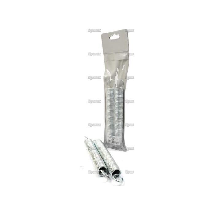 The package of Tension Springs (2 pcs.) Agripak by Sparex (Part No. S.26323) includes one Ø29mm spring showcased inside a clear plastic bag and the other with a wire Ø3.8mm placed outside the bag, all presented against an immaculate white background.