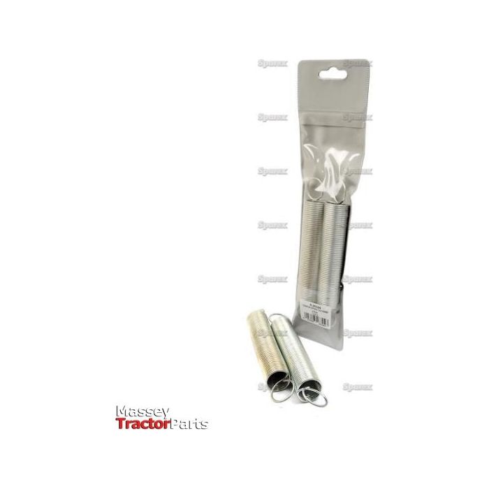 Two Tension Springs (Sparex Part No. S.26324) are shown outside their packaging. The upright packaging, labeled "Massey Tractor Parts," contains additional Agripak springs from the brand Sparex.