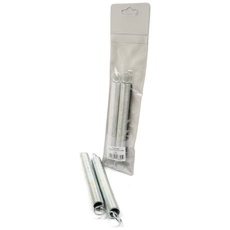 Four metal tension springs, three loose and one packaged in a clear plastic bag with a hanging tag and barcode. Each spring has a length of 215mm, a Spring Ø22mm, and is crafted from wire with a Ø2.7mm thickness. These springs are known as Tension Springs (2 pcs. Agripak | Sparex Part No.S.26325) by the brand Sparex.