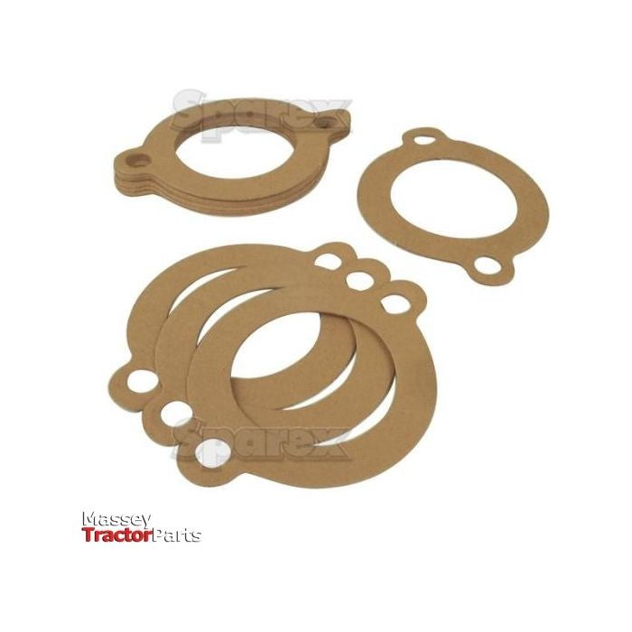 Ten brown thermostat gaskets with various numbers of holes, arranged against a plain background. The text "Massey Tractor Parts" is visible in the bottom left corner, alongside a Sparex logo. Product: Thermostat Gasket (Pk of 10 pcs.), Sparex Part No. S.66629 from Sparex.