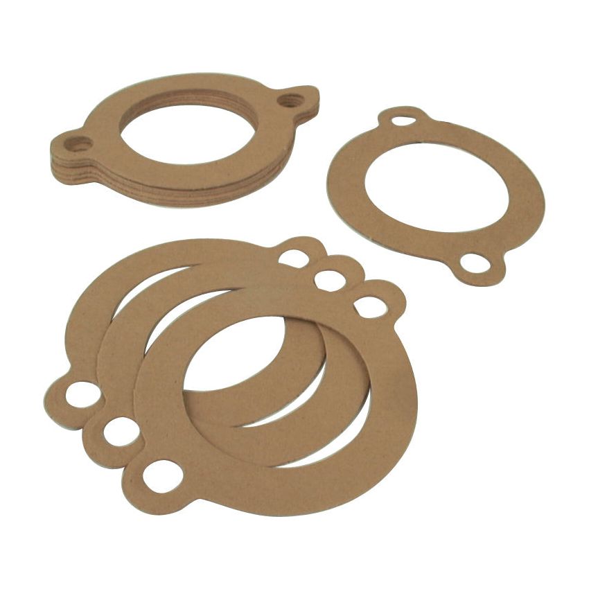 A stack of Sparex brown circular gaskets, part number S.66629, designed for Ford engine thermostat housings, comes in a pack of 10 pieces and features various configurations with two, three, or four holes.
