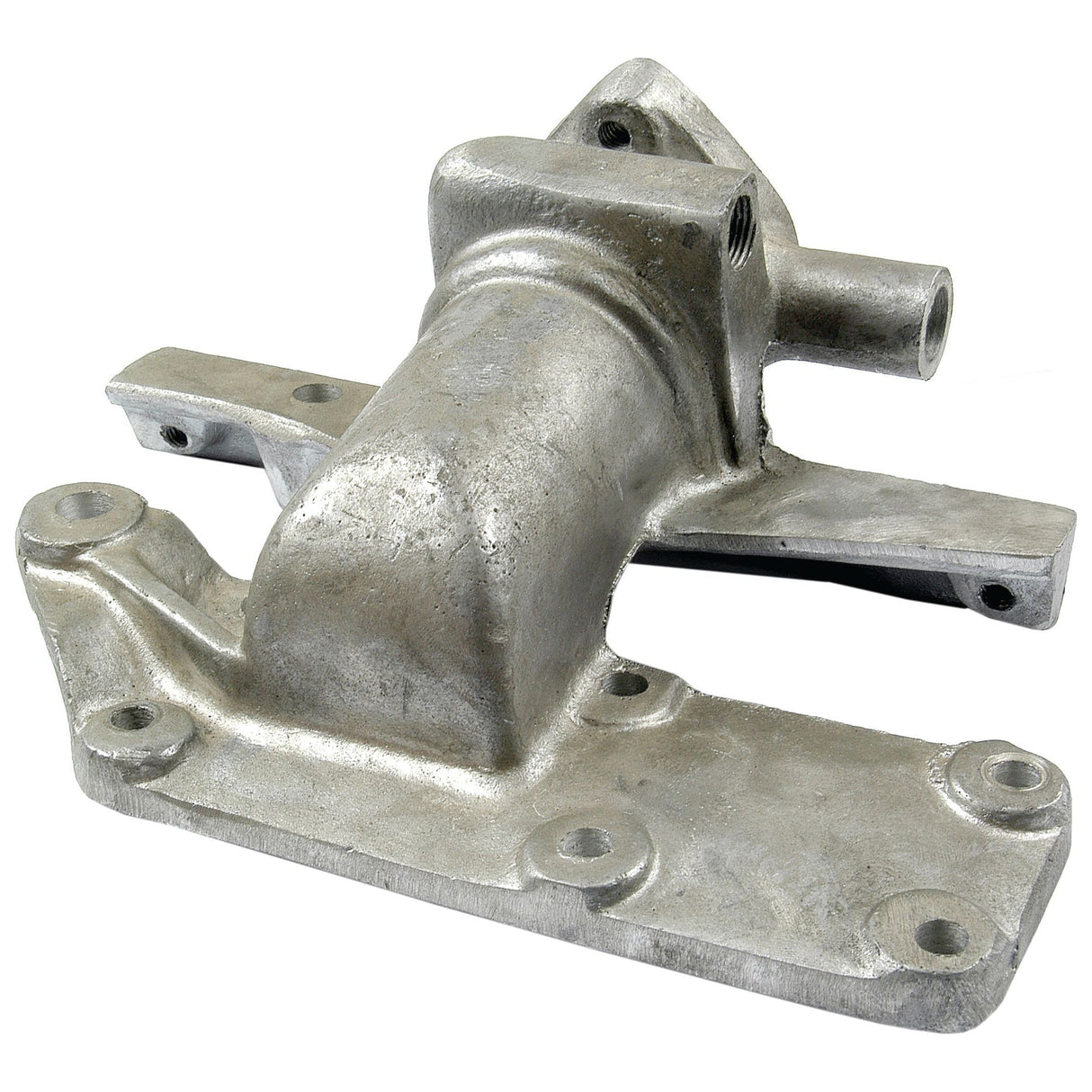 A Sparex Thermostat Housing, Part No. S.42948, made from metal with multiple mounting holes and a cylindrical extension, designed for a Massey Ferguson housing thermostat, available through Sparex.