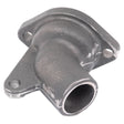 A thermostat elbow for Massey Ferguson tractors, featuring a metallic design with a cylindrical extension and a two-bolt mounting flange, is available under the product name Thermostat Housing (Sparex Part No.S.43212) from the brand Sparex.