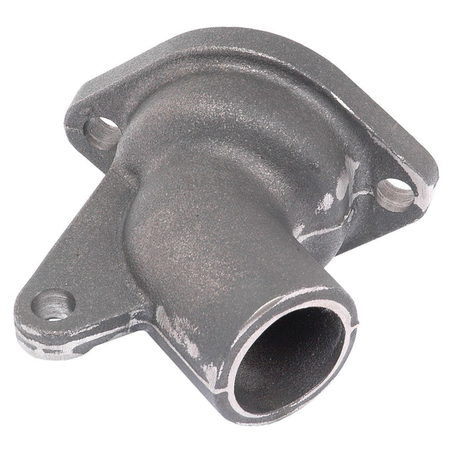 A thermostat elbow for Massey Ferguson tractors, featuring a metallic design with a cylindrical extension and a two-bolt mounting flange, is available under the product name Thermostat Housing (Sparex Part No.S.43212) from the brand Sparex.