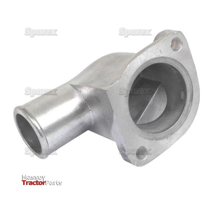 A metal thermostat housing with an elbow-shaped design and a flanged attachment point. Logo reads "Sparex Massey Tractor Parts," compatible with Ford New Holland models. Product name: Thermostat Housing | Sparex Part No.S.65039.