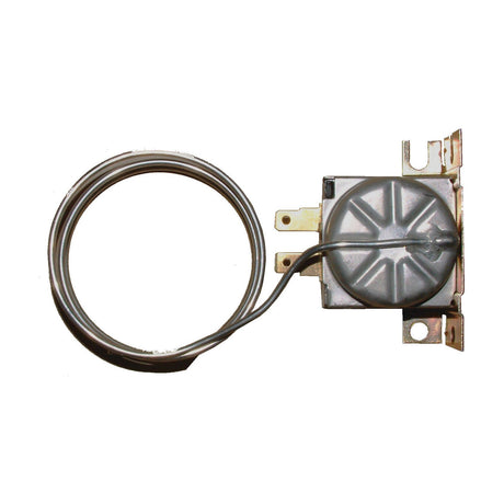 The Sparex Thermostatic Switch (Part No. S.106628) features a circular coiled sensor wire attached to one side and two mounting brackets on the other, designed for compatibility with Ford / New Holland equipment.
