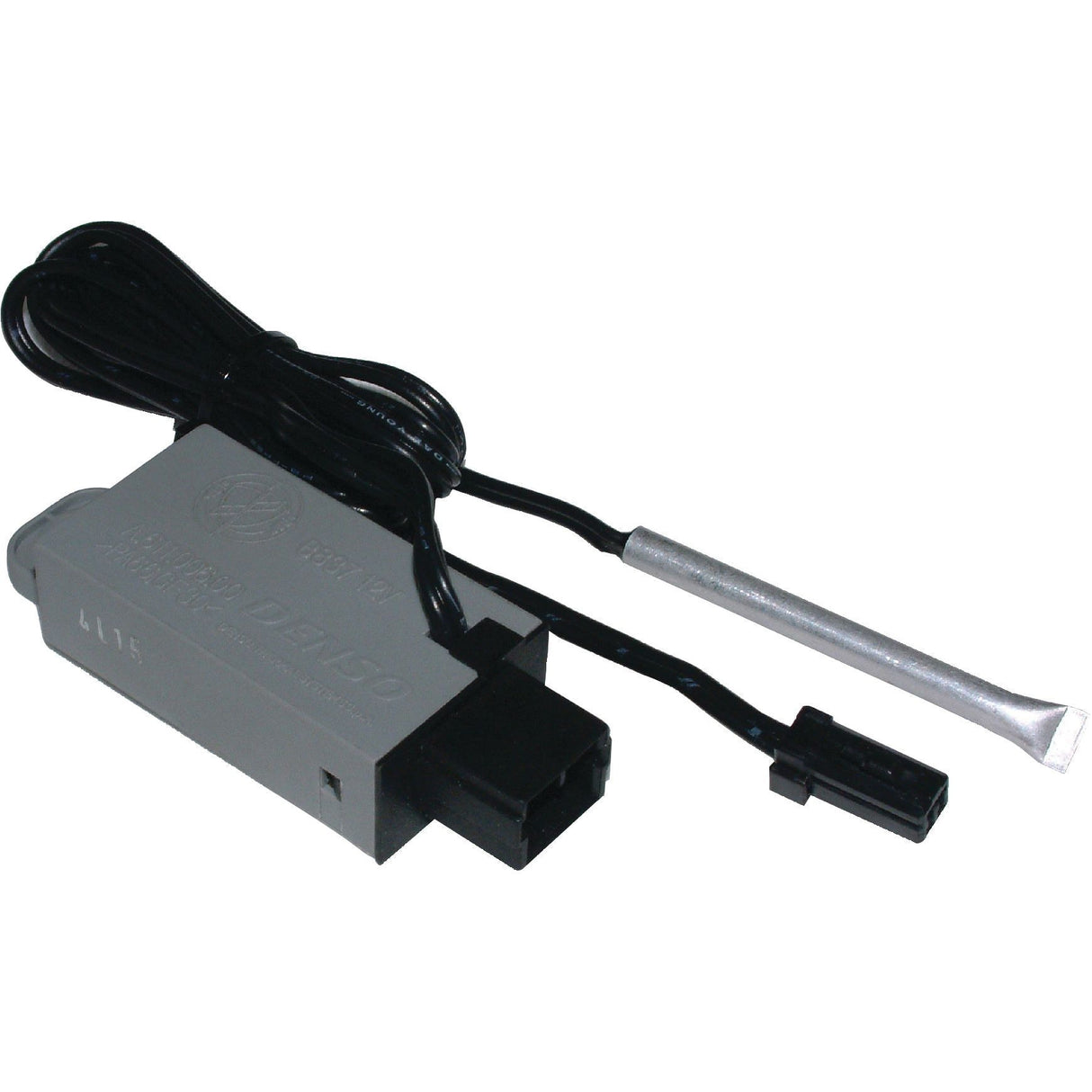 A rectangular electronic component with wires attached, one of which has a silver connector at the end, commonly found in systems involving a Thermostatic Switch by Sparex (Part No. S.106631).