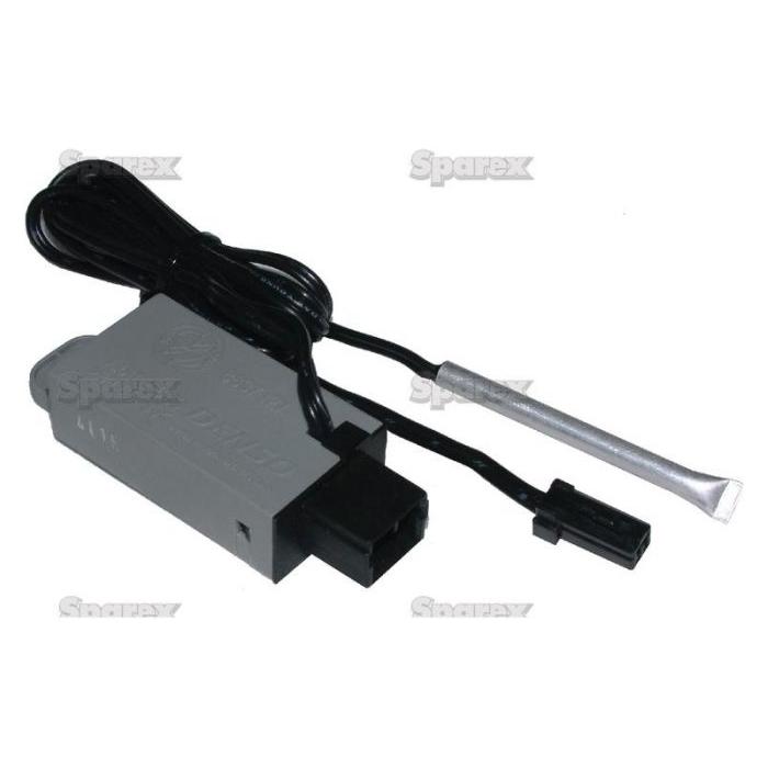 A grey electronic device with two attached black wires connected to plugs, where one wire ends in a metal probe. This thermostatic switch, labeled with "BN404" and featuring the "Sparex" watermark, is known as the Thermostatic Switch | Sparex Part No.S.106631 and is compatible with Case IH and Ford New Holland machinery.