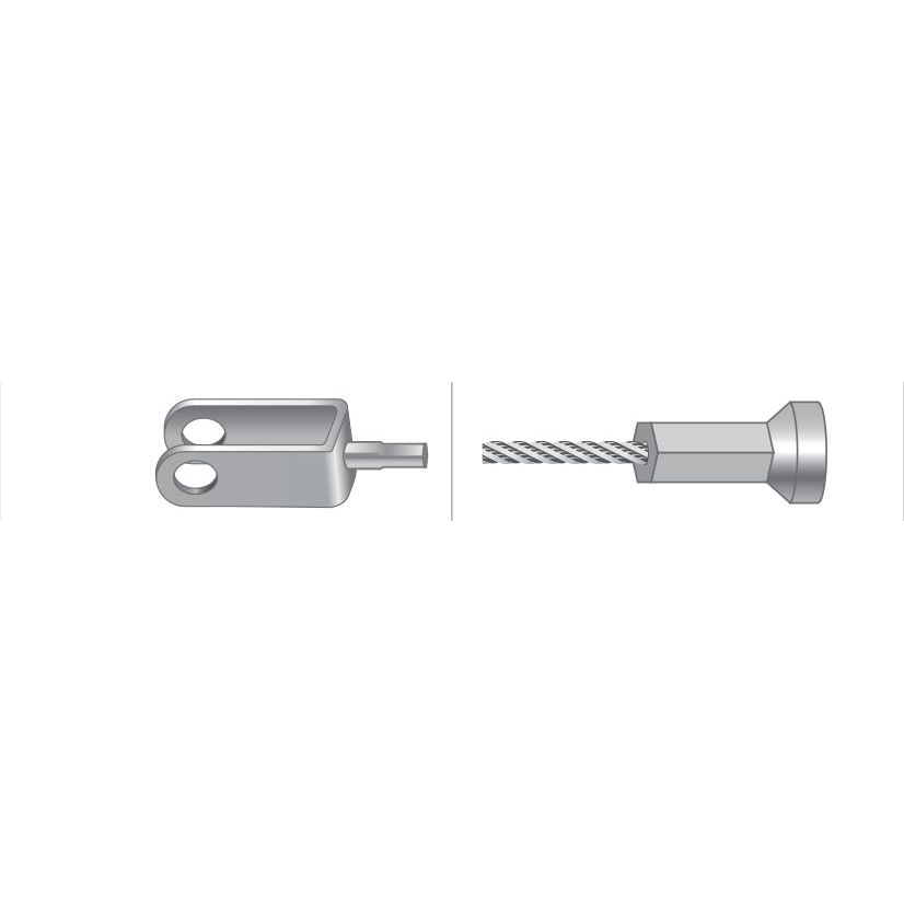 A rendered image shows two mechanical components. The left component, resembling the Sparex part S.58770, has a rectangular shape with two holes, while the right component is a threaded rod with a hexagonal head suitable for Ford/New Holland throttle cables.
