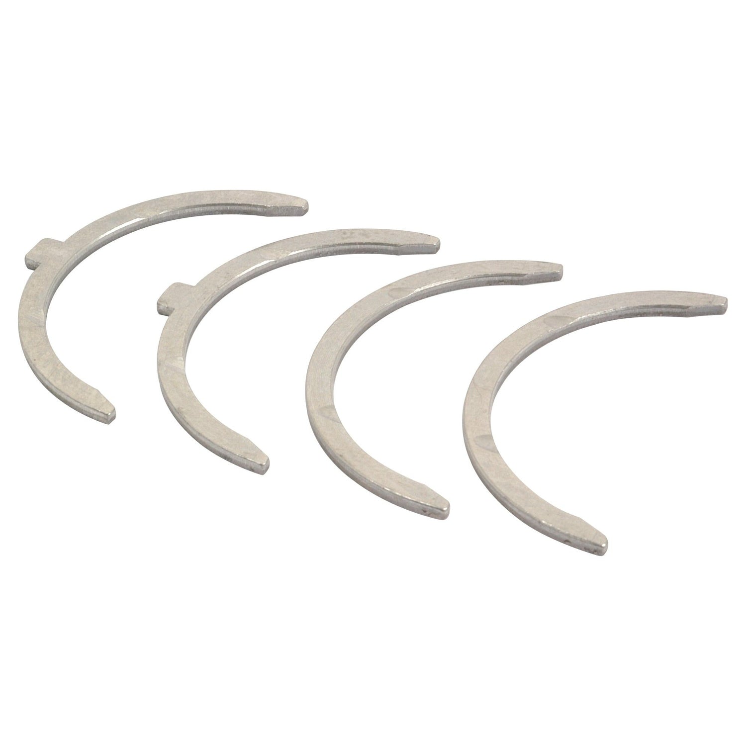 Four semi-circular metal rings from the Thrust Bearings Set +0.075 by Sparex (Sparex Part No. S.40344), suitable for Allis Chalmers, are arranged in a diagonal line against a white background.