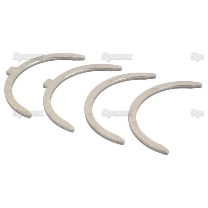 Four semi-circular metal shims arranged in a line on a white background, with the words "Sparex Thrust Bearings Set +0.075 | Part No.S.40344" faintly visible in the background.