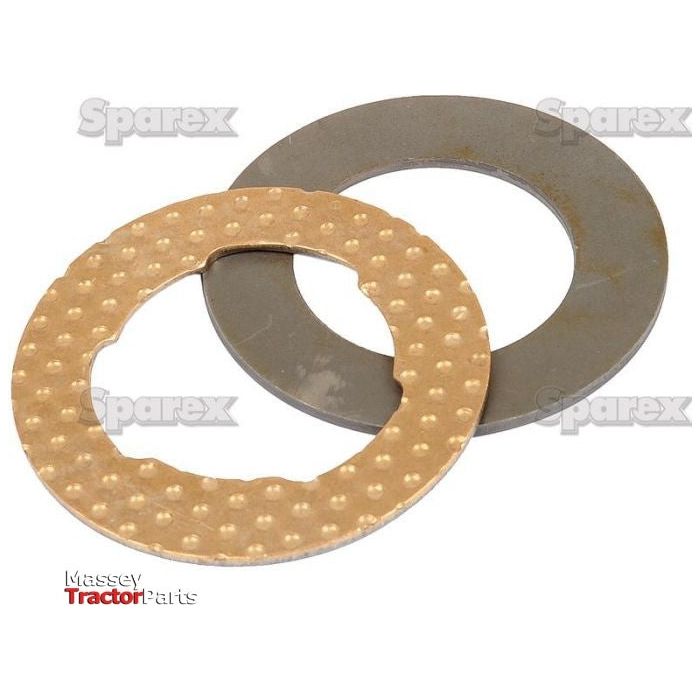 Two circular washers, part of the Thrust Washer Kit - Axle Spindle (Sparex Part No.S.43281), one metallic with a textured surface and the other plain and grey, placed against a white background with "Sparex" and "Massey Tractor Parts" written faintly. This kit, compatible with various Massey Ferguson models, ensures optimal performance as part of the axle spindle assembly.