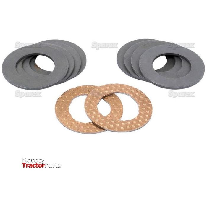 A set of unfinished brake discs featuring two metallic discs with perforated surfaces and eight solid discs, compatible with Massey Ferguson tractors, corresponds to the Thrust Washer Kit - Axle Spindle (Sparex Part No. S.43292) by Sparex.