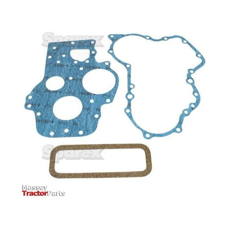 Image of three gaskets: one large blue gasket with multiple cut-outs, one blue gasket in a perimeter shape, and one elongated rectangular gasket with rounded corners. These high-quality Timing Cover Gaskets (Sparex Part No.S.20317) are designed to meet Hinomoto specifications. Brand: Sparex.