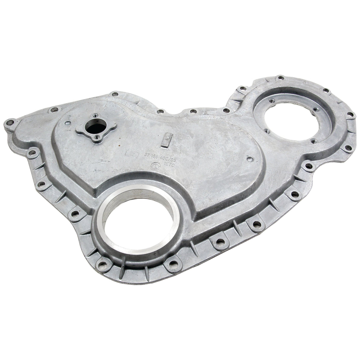 The Sparex Timing Cover (Part No. S.42562) by Massey Ferguson, featuring multiple bolt holes and round openings, is designed to encase and protect the timing gears and chain/belt system.