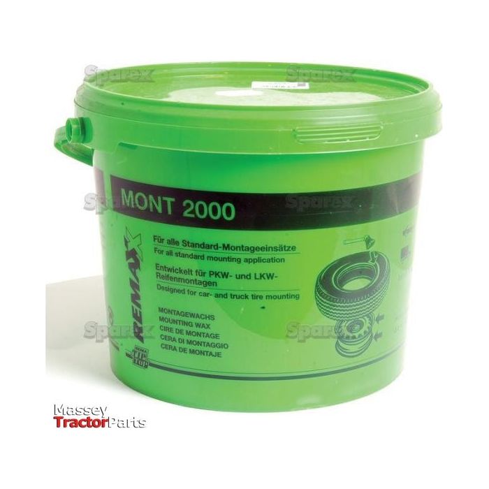 A green container labeled "Tyre Mounting Paste (5kg)" with Sparex Part No. S.52793 and marked with technical specifications and a "Kemax" logo. It is used for car and truck tire mounting, featuring the brand "Sparex" and boasting excellent lubrication properties.