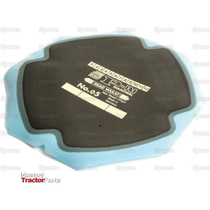 A black and blue SPON tractor seat cover, product number PN 05, featuring additional branding and text such as "Massey Tractor Parts," designed to harmonize with cross-ply tires for a unified appearance. (Sparex Part No.S.130059)