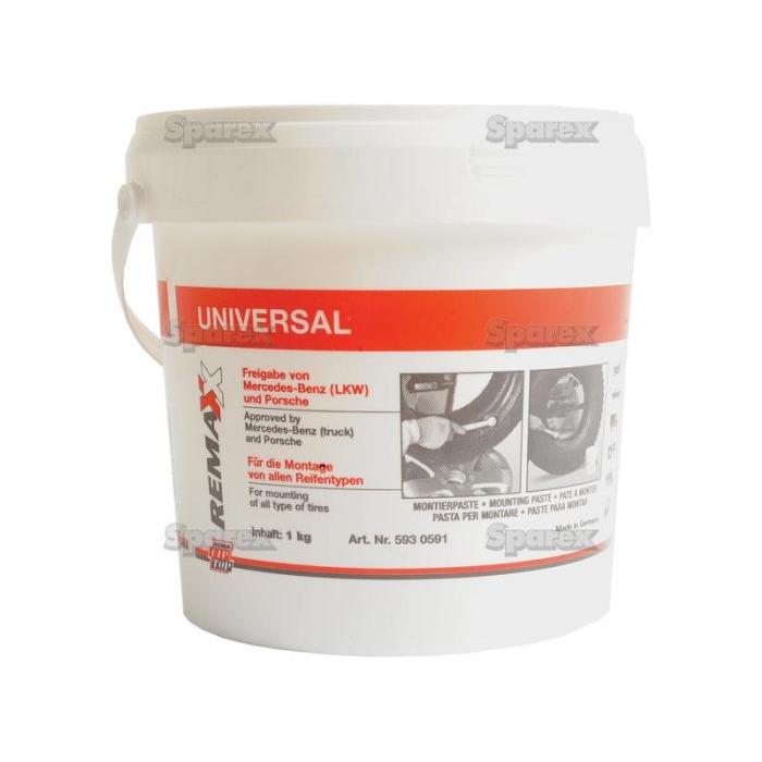 White container of Sparex Tyre Mounting Paste (1kg), Sparex Part No. S.52226, ideal for tyre fitting. The bucket includes text indicating it is approved for use with trucks and passenger cars. Prevents tyre slippage for a smoother ride.